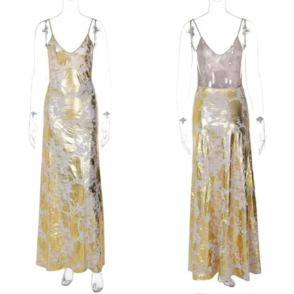 Commense Slinky Gold Print Maxi Dress, Sleeveless Evening Gown Open Back Party S - Picture 8 of 8